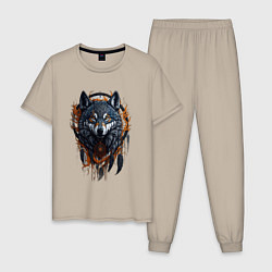 Пижама хлопковая мужская Волк и ловец снов, цвет: миндальный