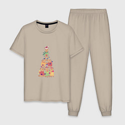 Пижама хлопковая мужская Новогодние капибары, цвет: миндальный