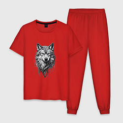 Пижама хлопковая мужская Волк в серых тонах, цвет: красный