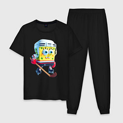 Пижама хлопковая мужская Губка Боб хоккейный нападающий - нейросеть, цвет: черный