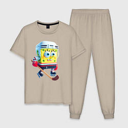 Пижама хлопковая мужская Губка Боб хоккейный нападающий - нейросеть, цвет: миндальный