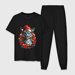 Пижама хлопковая мужская Дракон в шапке Санта Клауса, цвет: черный
