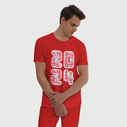 Пижама хлопковая мужская Цифры 2024 со снежинками, цвет: красный — фото 2