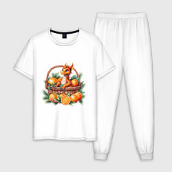 Пижама хлопковая мужская Оранжевый дракон 2024 как мандарин в корзинке, цвет: белый