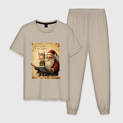 Пижама хлопковая мужская Санта и Эльф, цвет: миндальный
