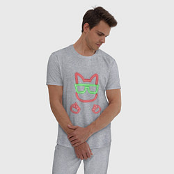 Пижама хлопковая мужская Кошачья морда в неоне, цвет: меланж — фото 2