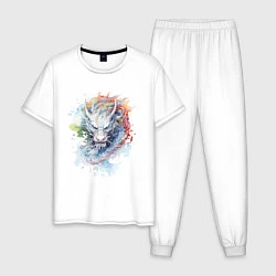 Пижама хлопковая мужская Дракон нарисованный акварелью, цвет: белый