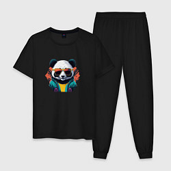 Пижама хлопковая мужская Стильная панда в очках, цвет: черный
