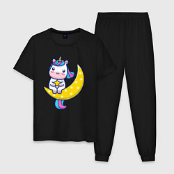 Пижама хлопковая мужская Единорог на луне, цвет: черный
