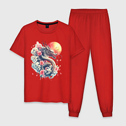 Пижама хлопковая мужская Японский дракон на фоне солнца и цветки сакуры, цвет: красный