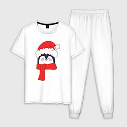 Пижама хлопковая мужская Новогодний пингвин в шапке Деда Мороза, цвет: белый