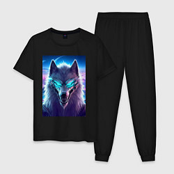 Пижама хлопковая мужская Неоновый кибер волчара - нейросеть, цвет: черный