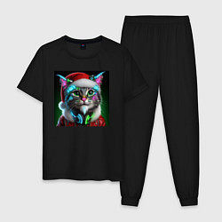 Пижама хлопковая мужская Новогодний кибер котик - нейросеть, цвет: черный