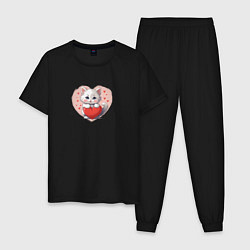 Пижама хлопковая мужская Мультяшный котенок и сердечко, цвет: черный