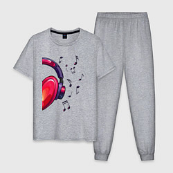 Пижама хлопковая мужская The heart in the headphones left, цвет: меланж