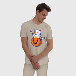 Пижама хлопковая мужская Котёнок в тыкве, цвет: миндальный — фото 2
