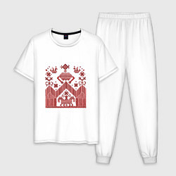 Пижама хлопковая мужская Красные славянская узоры вышивки, цвет: белый