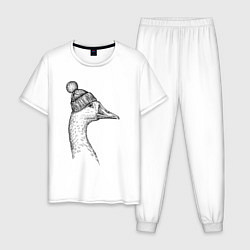 Пижама хлопковая мужская Утка в шапке с помпоном, цвет: белый