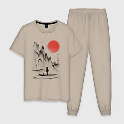 Пижама хлопковая мужская Традиционный японский пейзаж с рыбаком и горами, цвет: миндальный