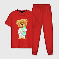 Пижама хлопковая мужская Плюшевый медвежонок сонный, цвет: красный