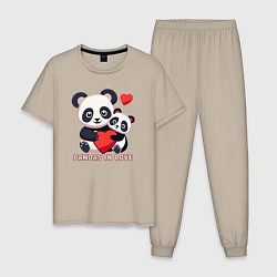 Пижама хлопковая мужская Влюбленные панды с сердцем, цвет: миндальный