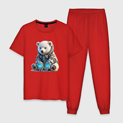 Пижама хлопковая мужская Прикольный мишутка - киберпанк, цвет: красный