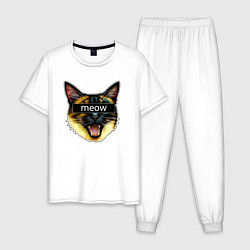 Пижама хлопковая мужская Кот meow стикер, цвет: белый