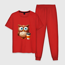 Пижама хлопковая мужская Растрепанная сова с кофе, цвет: красный