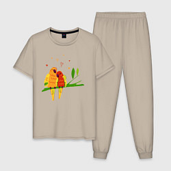Пижама хлопковая мужская Пара влюбленных попугаев на ветке, цвет: миндальный