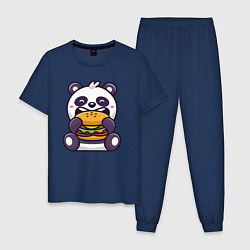 Пижама хлопковая мужская Панда ест гамбургер, цвет: тёмно-синий