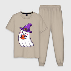Пижама хлопковая мужская Добрый призрак, цвет: миндальный