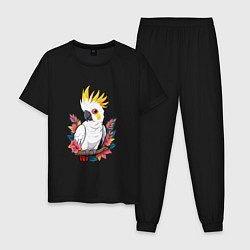 Пижама хлопковая мужская Попугай какаду на ветке с листьями, цвет: черный