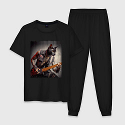 Мужская пижама Татуированный чёрный котяра рок гитарист