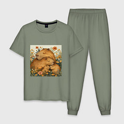 Пижама хлопковая мужская Семья капибар, цвет: авокадо