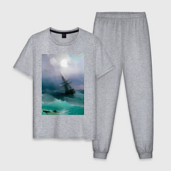 Пижама хлопковая мужская Корабль среди бурного моря, цвет: меланж