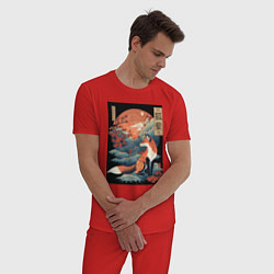 Пижама хлопковая мужская Лиса в японском стиле, цвет: красный — фото 2