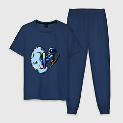 Пижама хлопковая мужская Прыжок космонавта на лыжах с Месяца, цвет: тёмно-синий