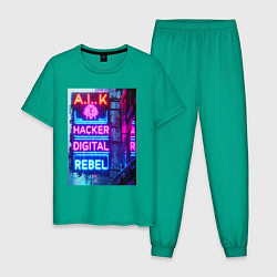 Пижама хлопковая мужская Ai hacker digital rebel - neon glow, цвет: зеленый