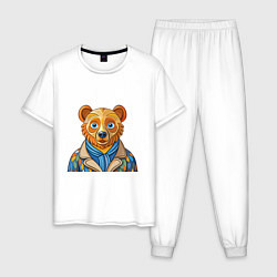 Пижама хлопковая мужская Медведь в стиле Ван Гога, цвет: белый