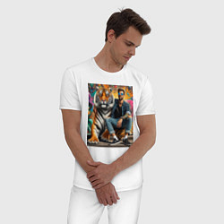 Пижама хлопковая мужская Чувак хипстер с тигром - нейросеть, цвет: белый — фото 2