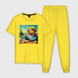 Пижама хлопковая мужская Забавная капибара в шляпе и костюме пьет чай в сти, цвет: желтый