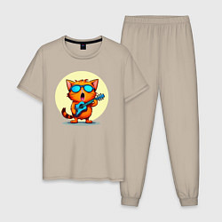Пижама хлопковая мужская Рыжий кот с гитарой поет песню, цвет: миндальный