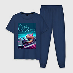 Пижама хлопковая мужская Капибара гонщик - нейросеть, цвет: тёмно-синий