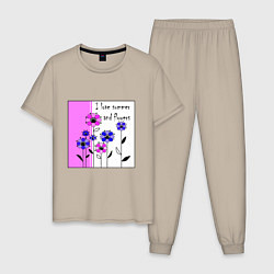 Пижама хлопковая мужская Люблю лето и цветы яркий розовый, цвет: миндальный