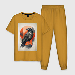 Пижама хлопковая мужская Силуэт черной ворон, цвет: горчичный