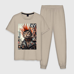 Пижама хлопковая мужская Котяра панк из Нью-Йорка - нейросеть, цвет: миндальный