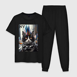 Пижама хлопковая мужская Кот панк с разноцветным хаером - Нью-Йорк, цвет: черный