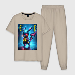 Пижама хлопковая мужская Cyber Pikachu - neon glow ai art, цвет: миндальный