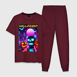 Пижама хлопковая мужская Minecraft and halloween- vaporwave, цвет: меланж-бордовый