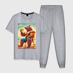 Пижама хлопковая мужская Bear bodybuilder with a cup of beer on a beach - a, цвет: меланж